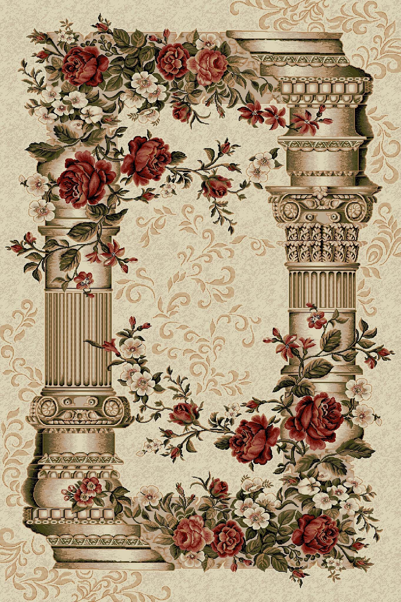 covor floral clasic bej cu rosu