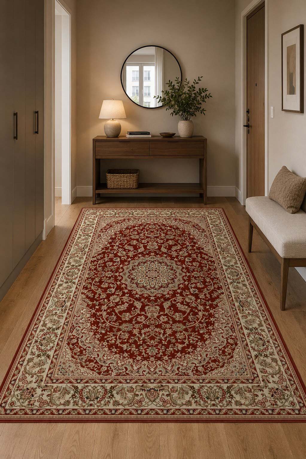 Covor Clasic Floral Lotos 1555/210 Bej cu Rosu, 200x300cm,1800g/mp