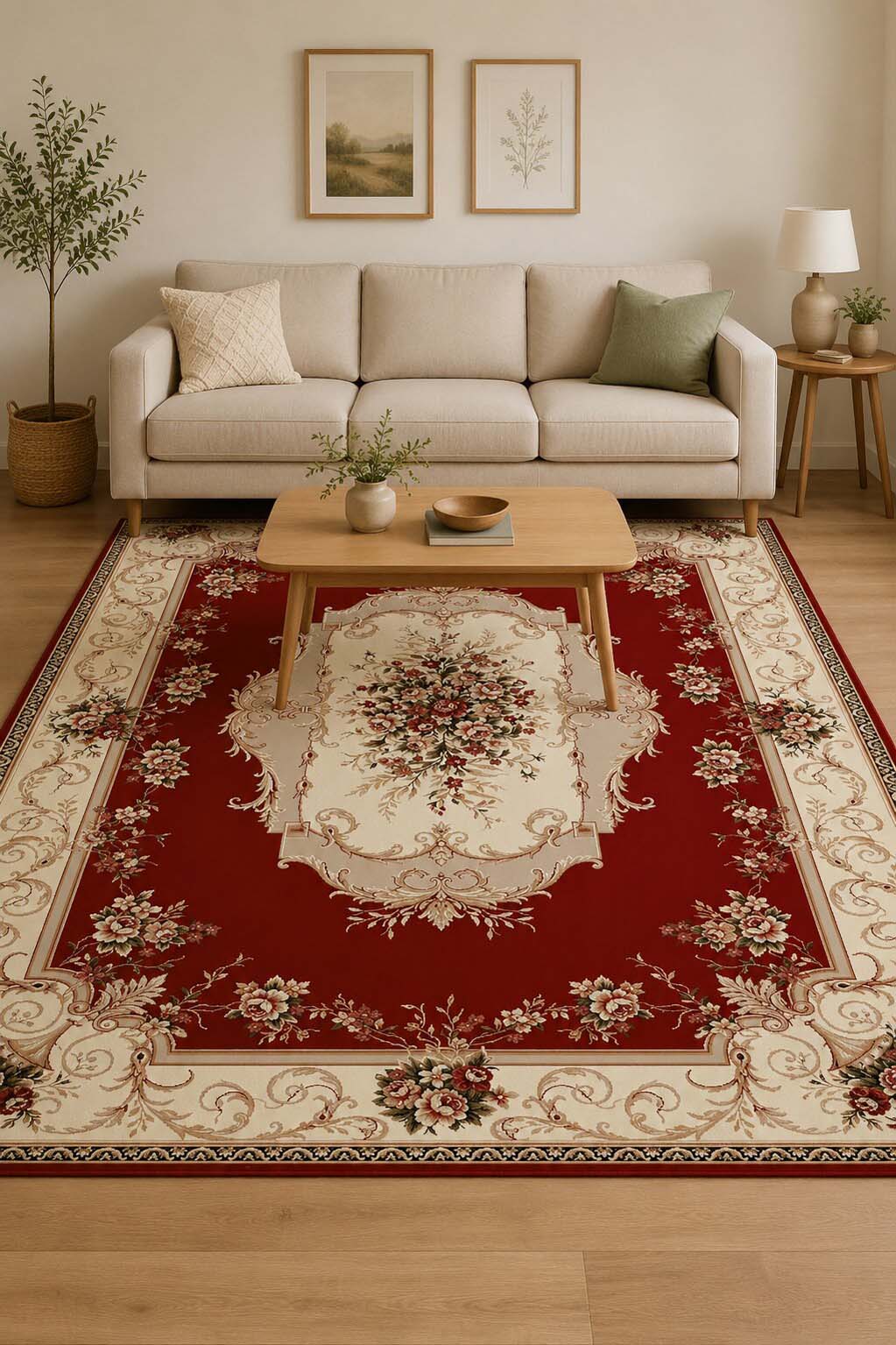Covor Clasic pentru Living Lotos 507/201 Rosu cu Bej,1800g/mp